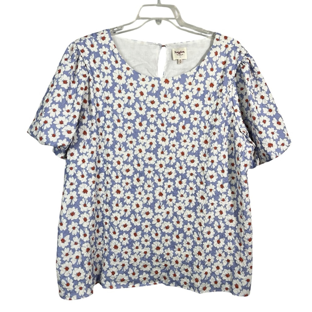 Hayden LA Boutique Crepe White Daisy Floral Short Puff Sleeve Blouse Plus Size
